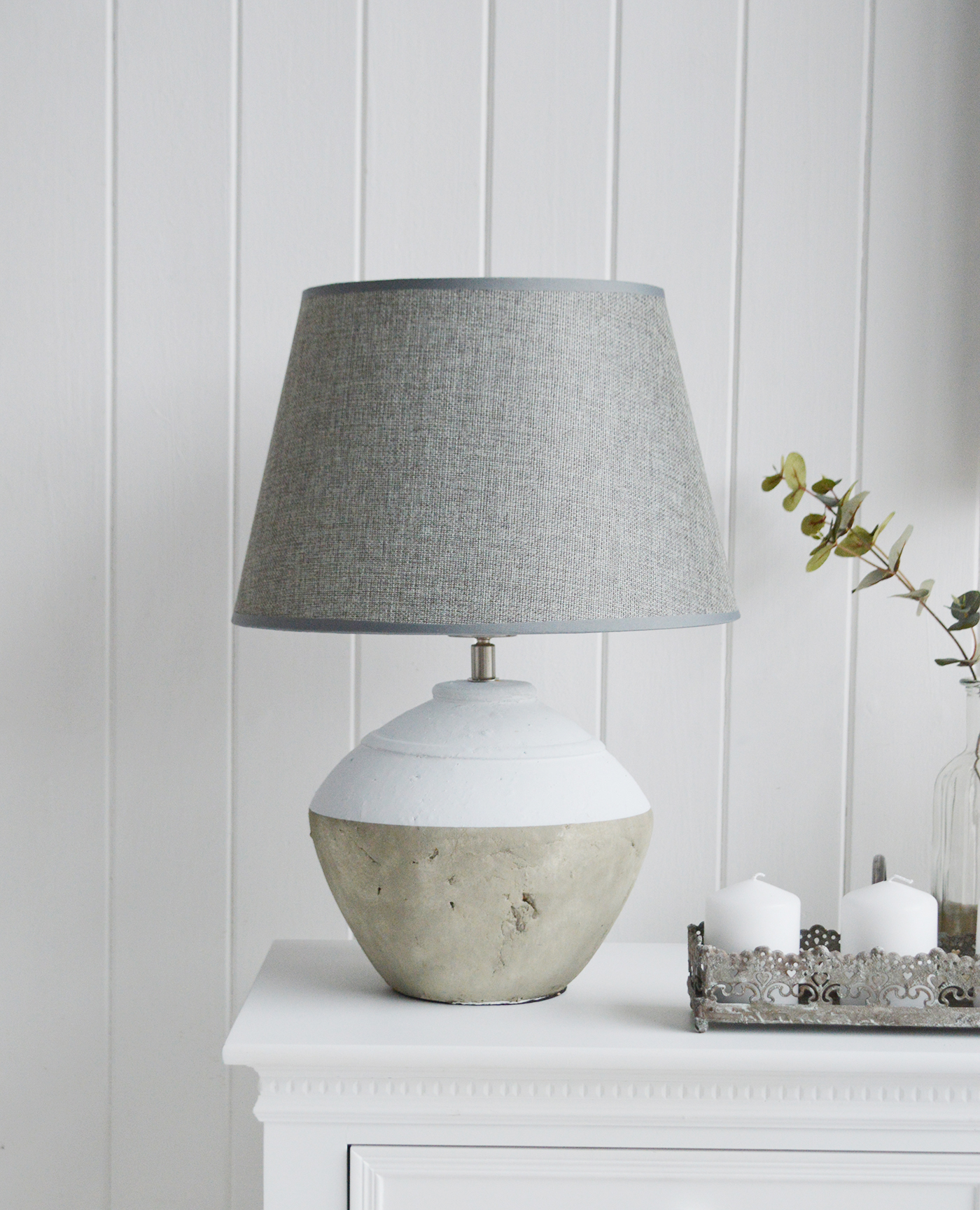 A grey stone lamp  from The White Lighthouse Furniture. A lovely table lamp for bedside table or living room or bedroom furniture. New England style table lamps