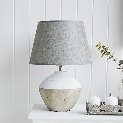 New England style lamps. Grey and white Stone lamp. Perfect  styling for a New England styled home in the living room, hallway or bedroom.