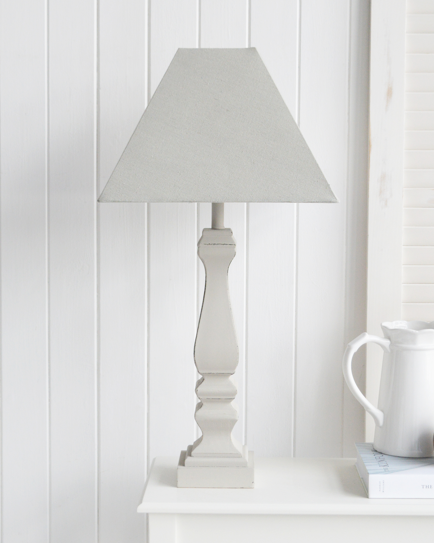 Hamptons Tall Soft Grey Table Lamp - New England Style Lamps from The White Lighthouse Furniture. Home Interiors and accessories for country, coastal, Modern Farmhouse and city New England Styled homes