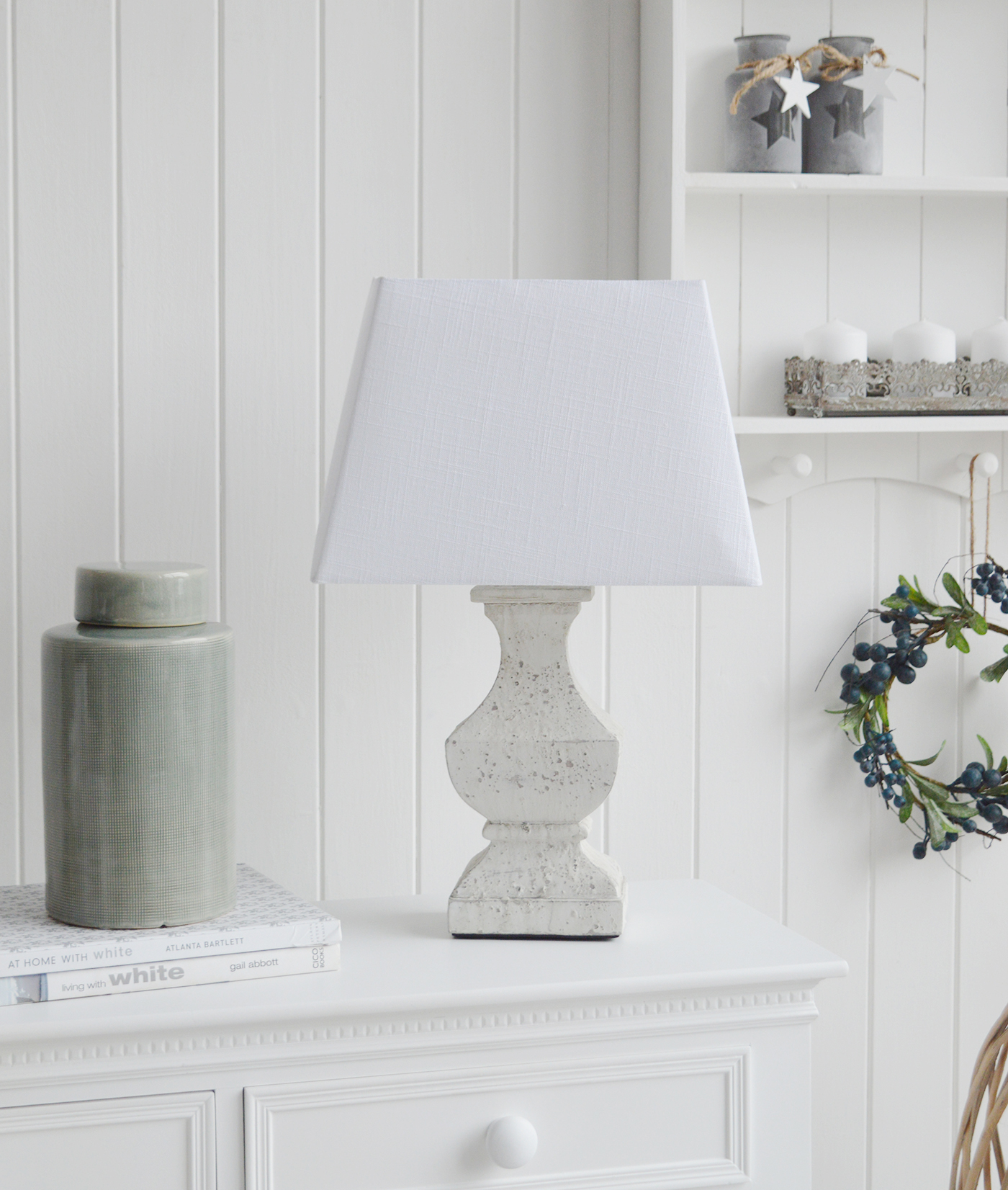 Hartford rustic grey table lamp from The White Lighthouse Furniture. A lovely table lamp for bedside table or living room. New England furniture and interiors for coastal, country and city homes