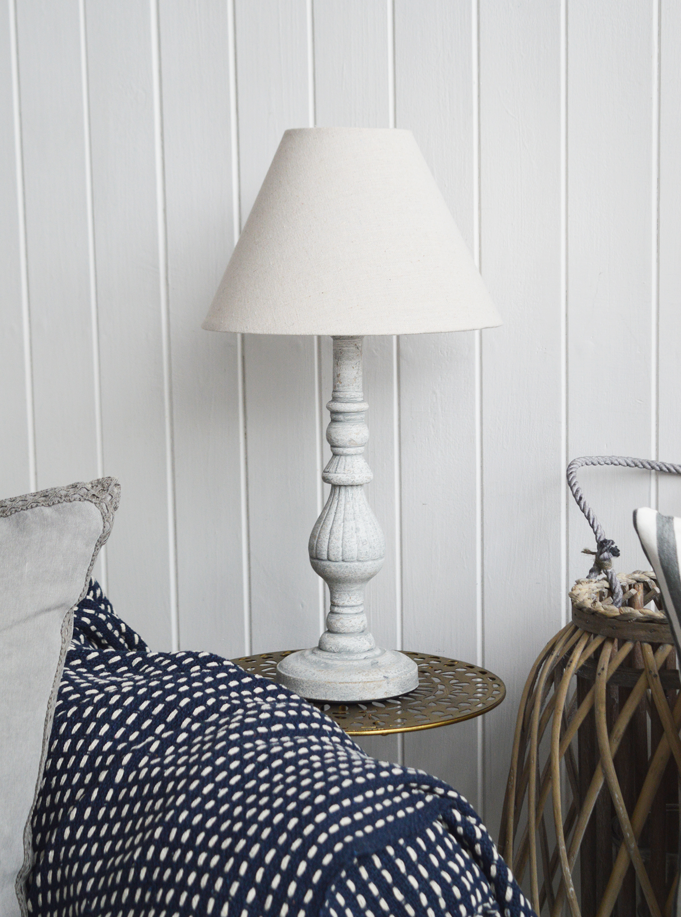 La Maison rustic grey table lamp from The White Lighthouse Furniture. A lovely table lamp for bedside table or living room. New England style lighting and lamps