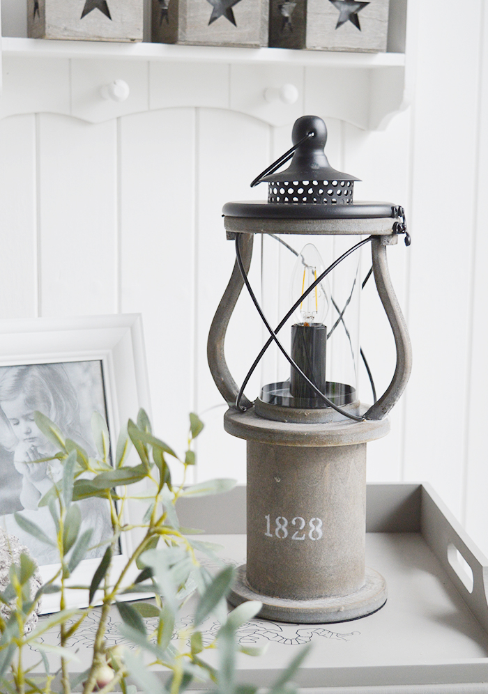 Lewiston Grey Vintage Lantern table lamp for New England coastal, city and country home interiors from The White Lighthouse Furniture for the hallway, living room, bedroom and bathroom 