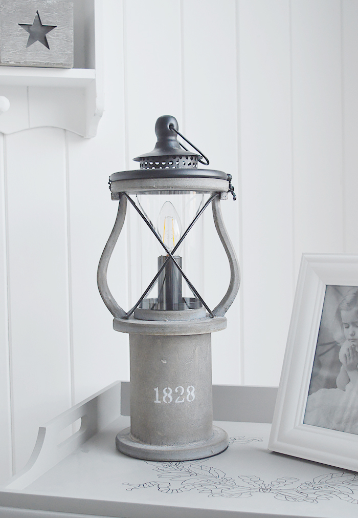 "Lewiston Grey Vintage Lantern table lamp for New England coastal, city