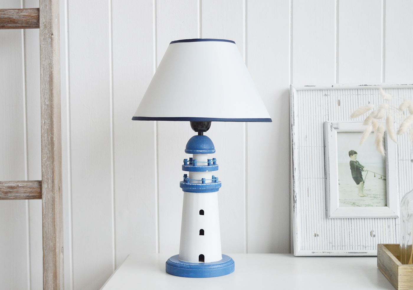 Lighthouse Blue and White table lamp from The White Lighthouse Furniture. A lovely table lamp for bedside table or living room. New England furniture and interiors for coastal, country and city homes. 