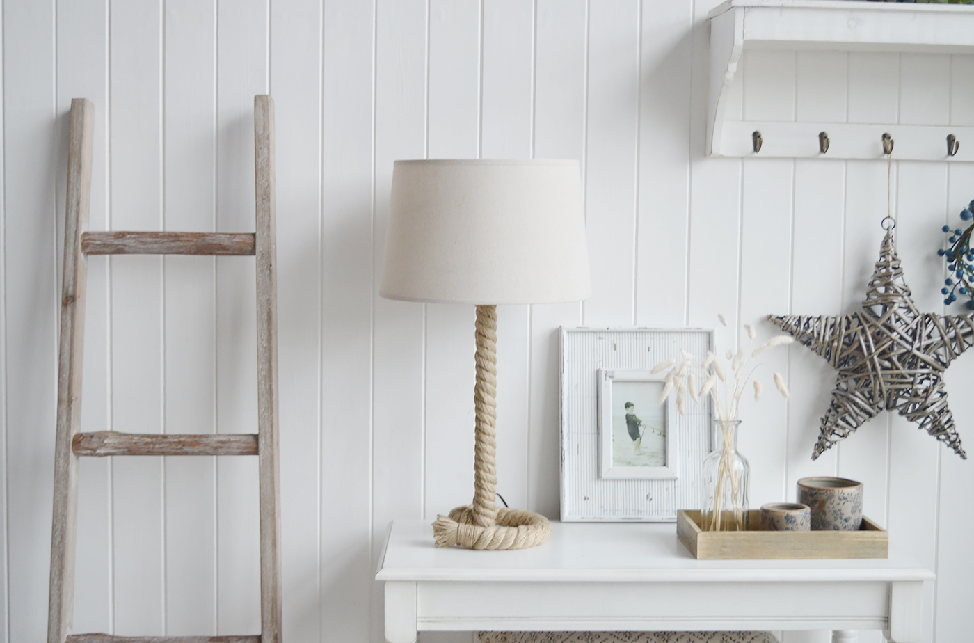 Rope Coastal table lamp  from The White Lighthouse Furniture. A lovely table lamp for bedside table or living room. New England furniture and interiors for coastal, country and city homes