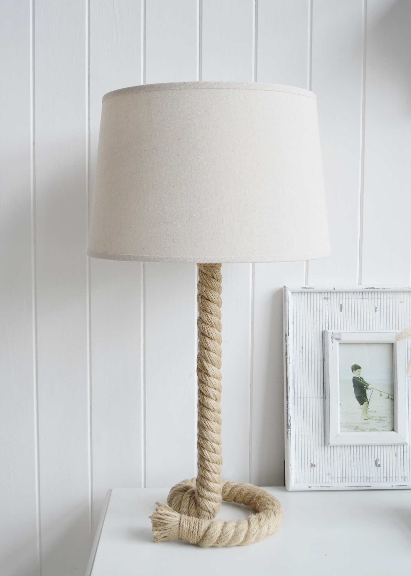 Rope Coastal table lamp  from The White Lighthouse Furniture. A lovely table lamp for bedside table or living room. New England furniture and interiors for coastal, country and city homes