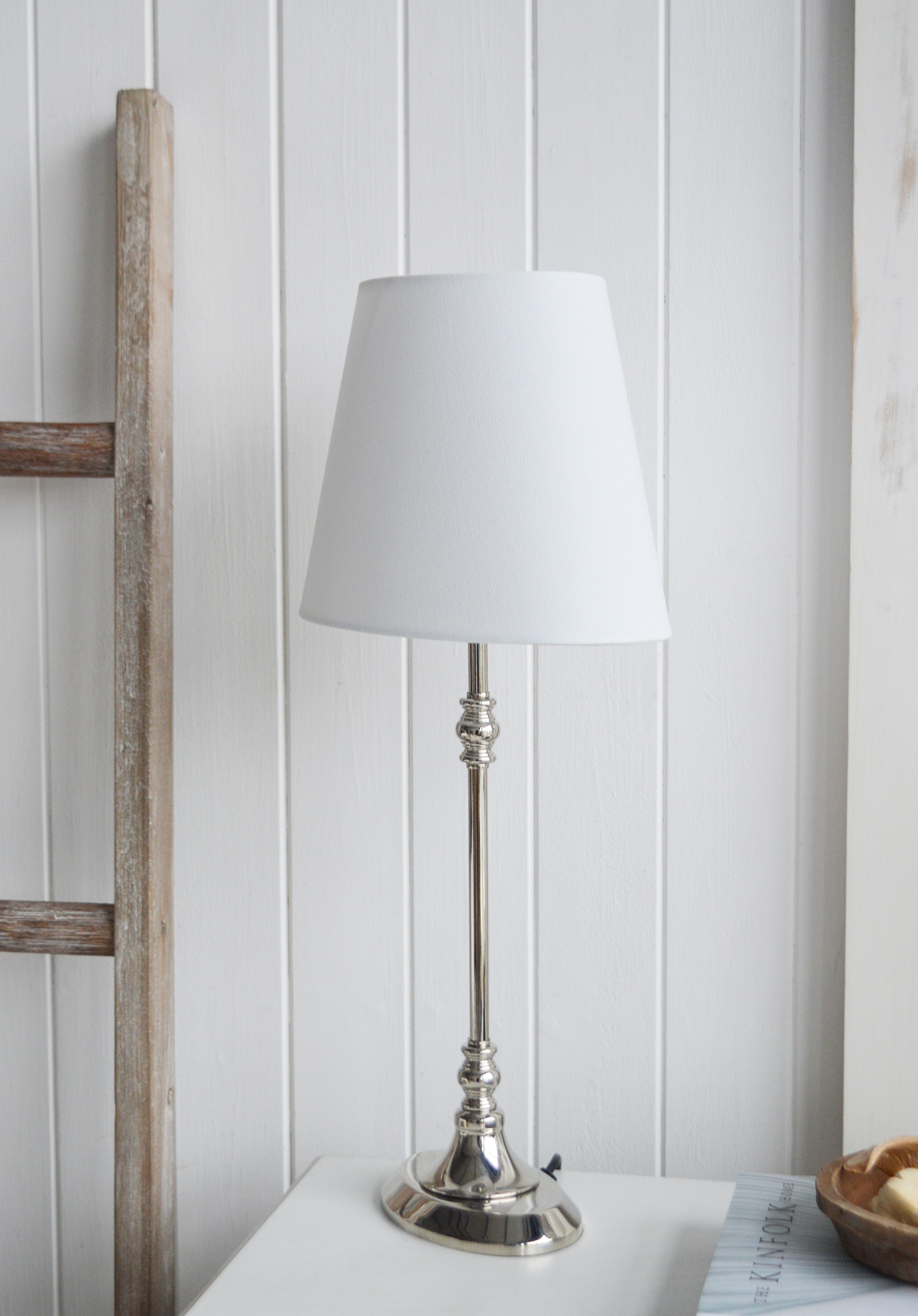 Lyon Silver and White Oval Lamp  from The White Lighthouse Furniture. A lovely table lamp for bedside table or living room or bedroom furniture. New England style table lamps