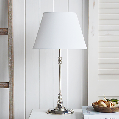Lyon Silver and White Oval Lamp  from The White Lighthouse Furniture. A lovely table lamp for bedside table or living room or bedroom furniture. New England style table lamps