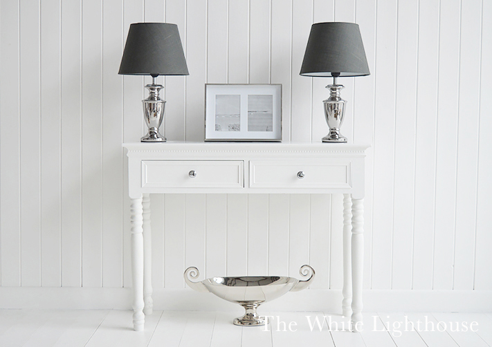 Silver and Grey Kensington table lapms in an elegant New England style white hallway