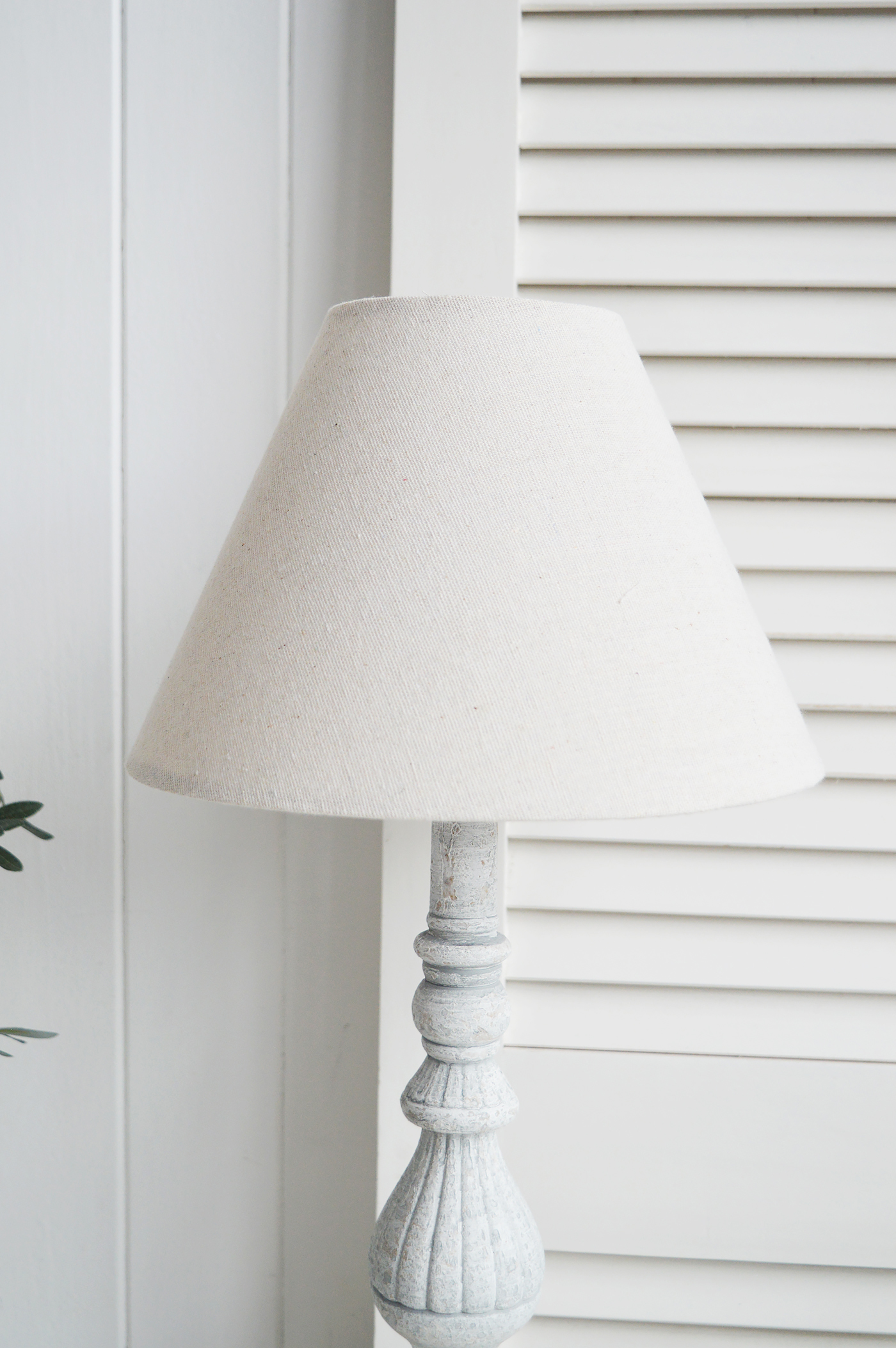 La Maison rustic grey table lamp from The White Lighthouse Furniture. A lovely table lamp for bedside table or living room. New England style lighting and lamps