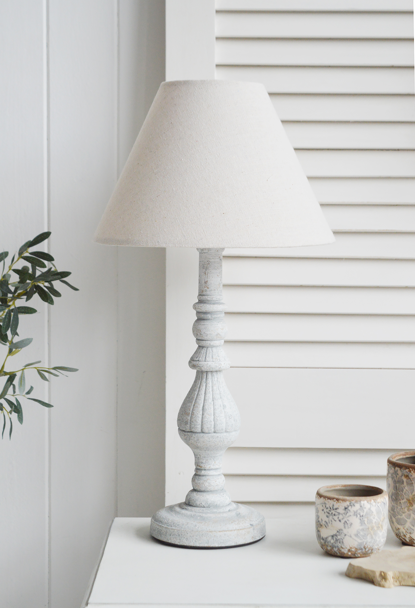 La Maison rustic grey table lamp from The White Lighthouse Furniture. A lovely table lamp for bedside table or living room. New England style lighting and lamps