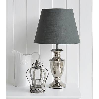 The stunning Kensington table lamp with dark grey fabric shade and polished urn shapped base.