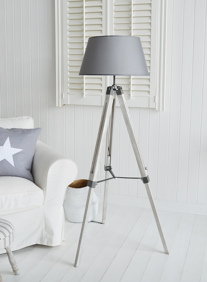 grey wooden tripod floor lamp