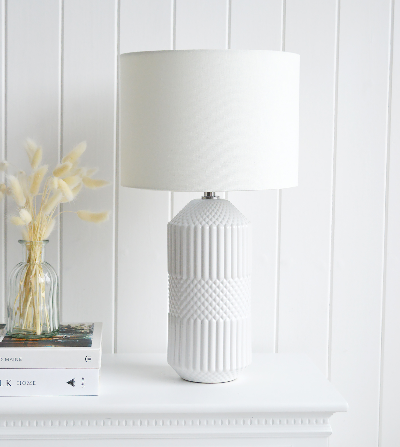 Castine White Ceramic table lamp for New England coastal, city and country home interiors from The White Lighthouse Furniture