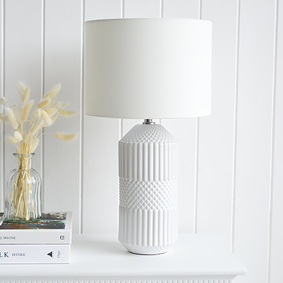 Castine White Lamp. New England Style table lamps for country, coastal and city interiors and home from The White Lighthouse Furniture.  