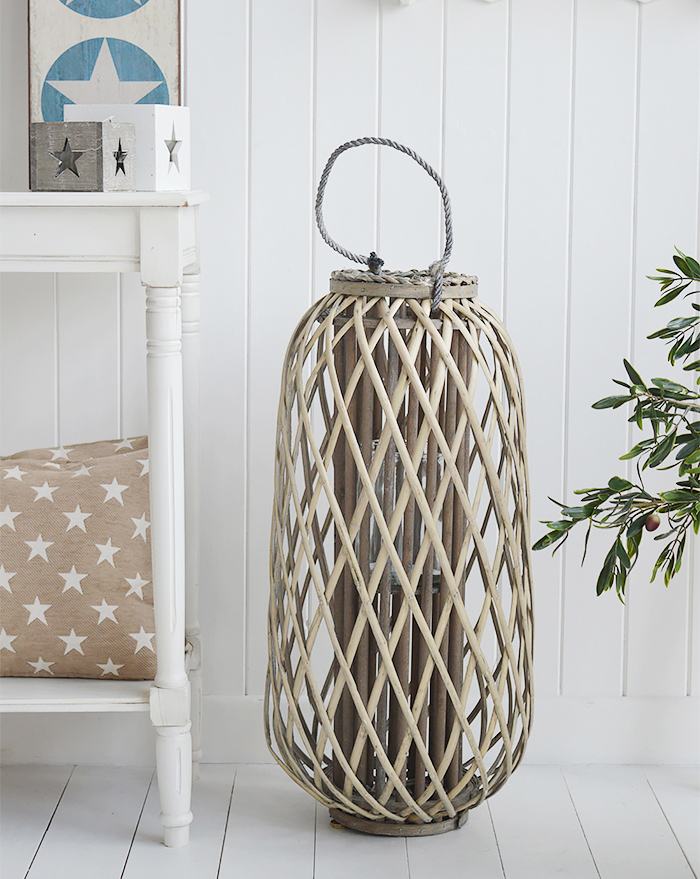Extra large tall willow lantern from The White Lighthouse for Coastal Country and White furniture in New England style interiors for hallway, living room, bedroom and bathroom