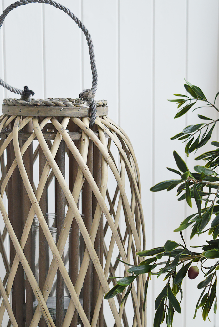 Extra large tall willow lantern from The White Lighthouse for Coastal Country and White furniture in New England style interiors for hallway, living room, bedroom and bathroom