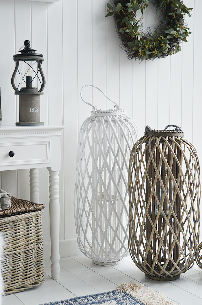 Extra tall white willow lantern for New Engalnd country, coastal and City Interiors from The White Lighthouse Furniture