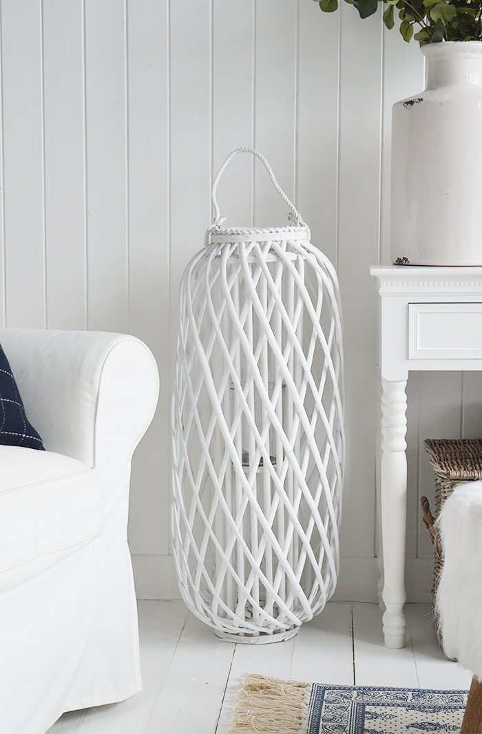 Extra tall white willow lantern for New Engalnd country, coastal and City Interiors from The White Lighthouse Furniture