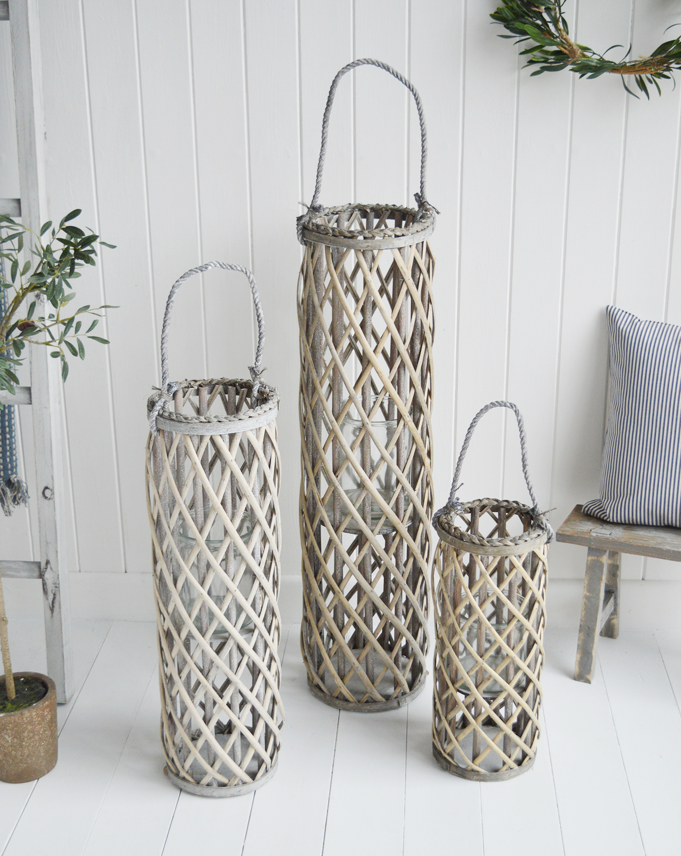 Cornwall Grey Willow Lanterns - New England Coastal & Country Furniture and Home Decor for beauriful homes. Hallway, Living Room Bedroom and Bathroom furniture