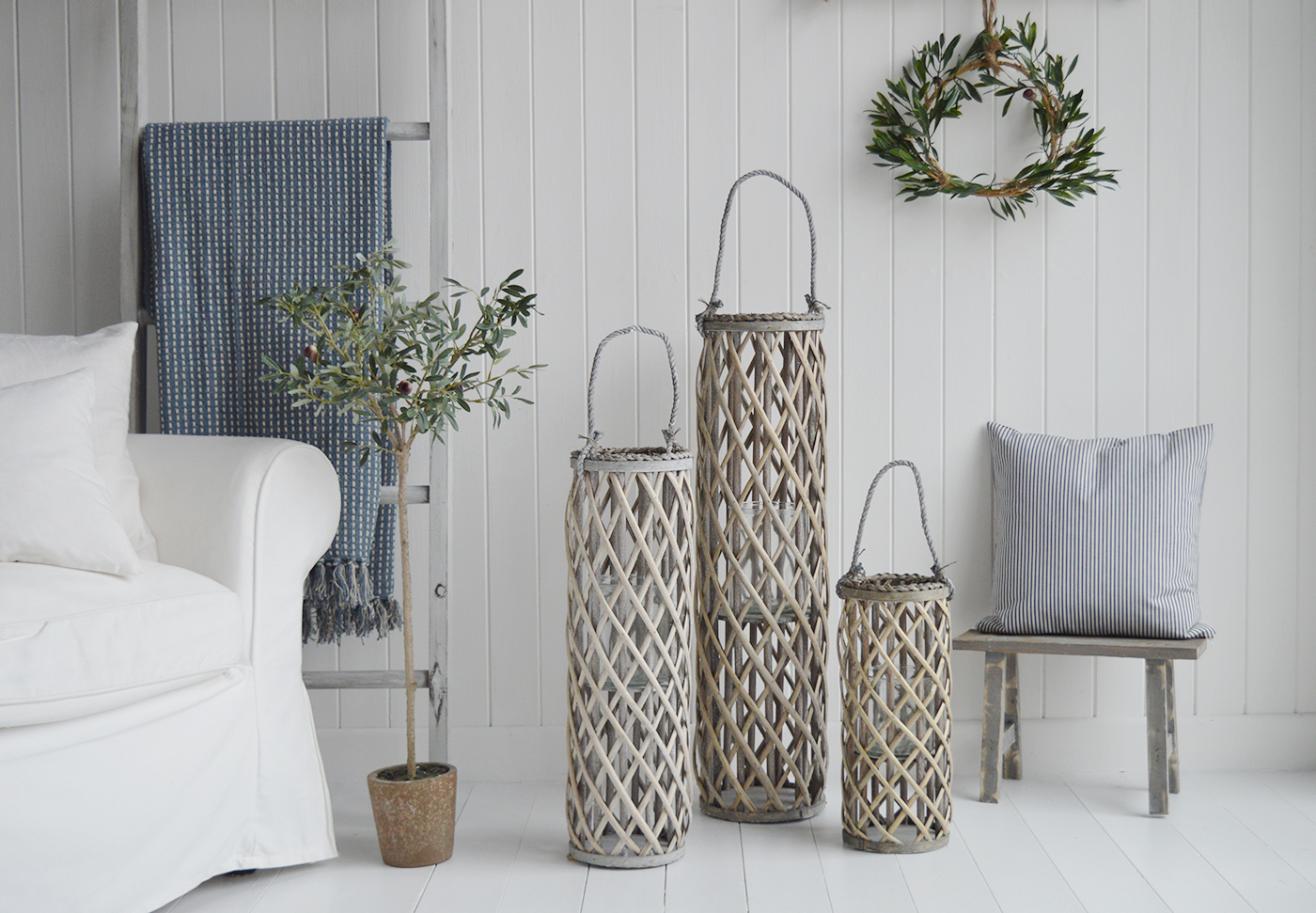 Cornwall Grey Willow Lanterns - New England Coastal & Country Furniture and Home Decor for beauriful homes. Hallway, Living Room Bedroom and Bathroom furniture