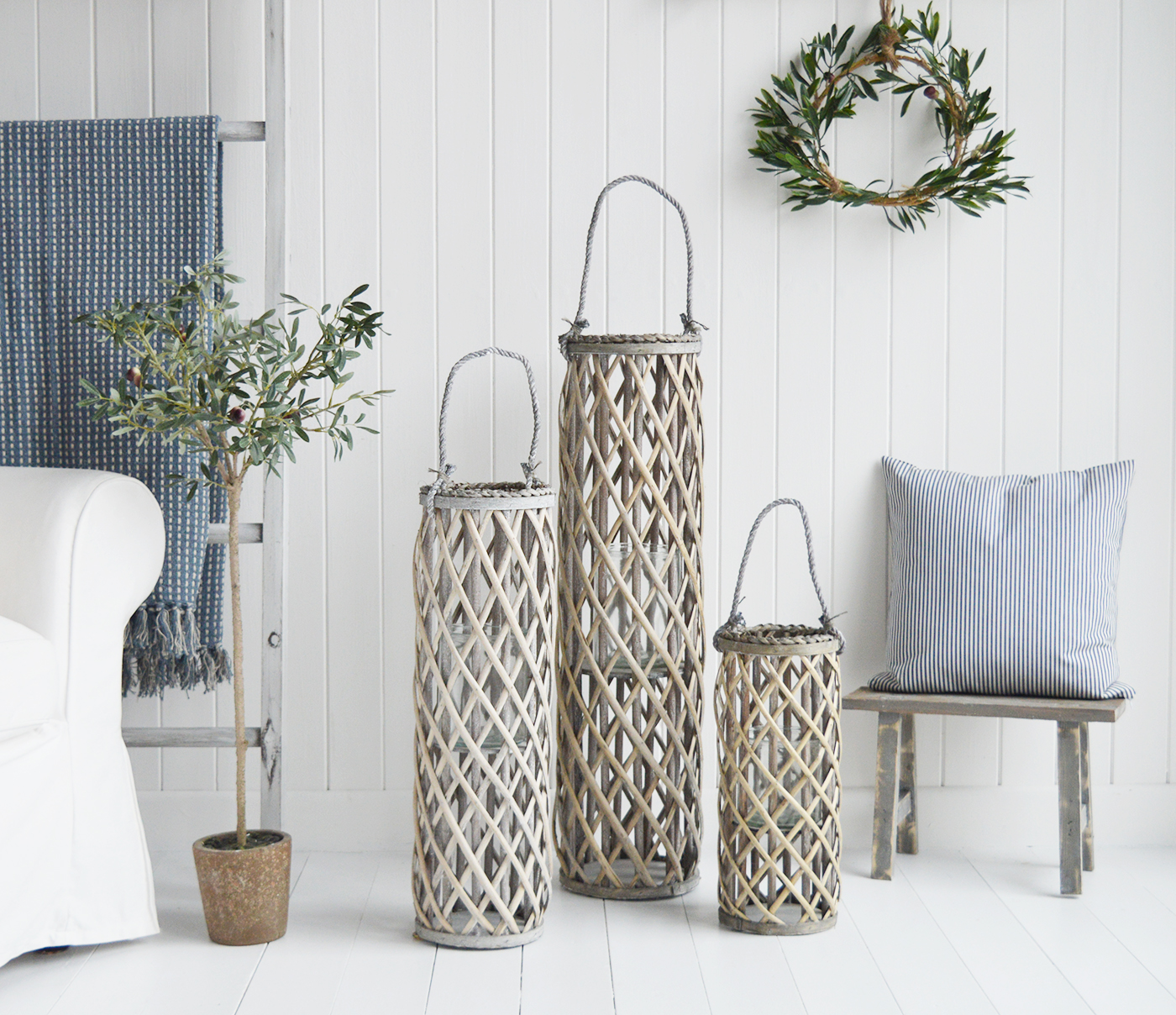 Cornwall Grey Willow Lanterns - New England Coastal & Country Furniture and Home Decor for beauriful homes. Hallway, Living Room Bedroom and Bathroom furniture