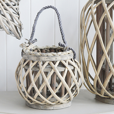 Grey Willow Round Lantern from The White Lighthouse Home Decor. White Furniture and home decor accessories for New England, country, coastal and city interiors