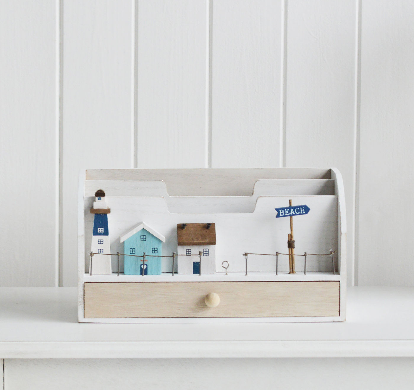 Nautical New England Coastal  Furniture and accessories for the home. A white washed letter rack from The White Lighthouse