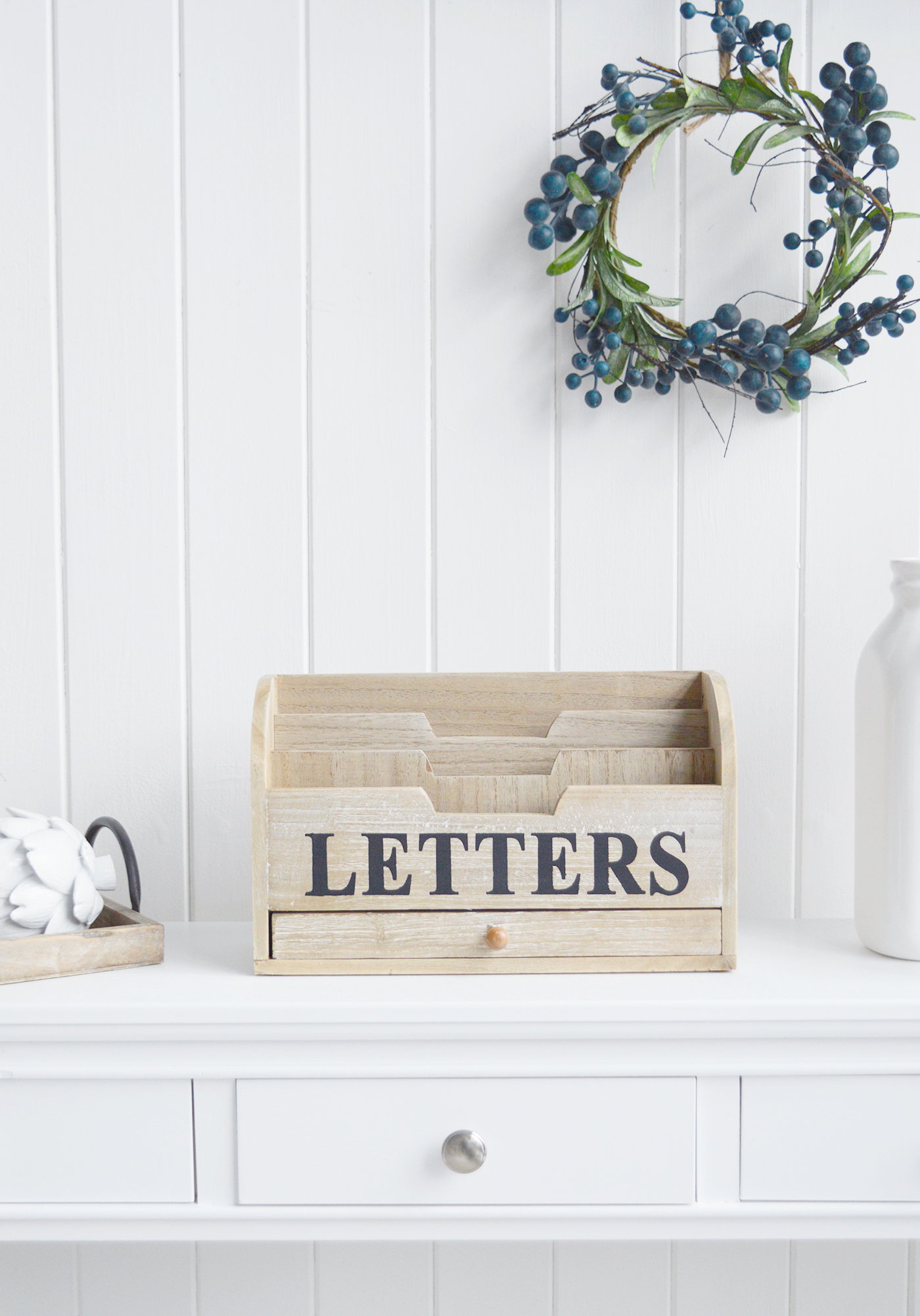 New England Home Interiors Coastal and Country   Furniture and accessories for the home. A  washed wood letter rack from The White Lighthouse
