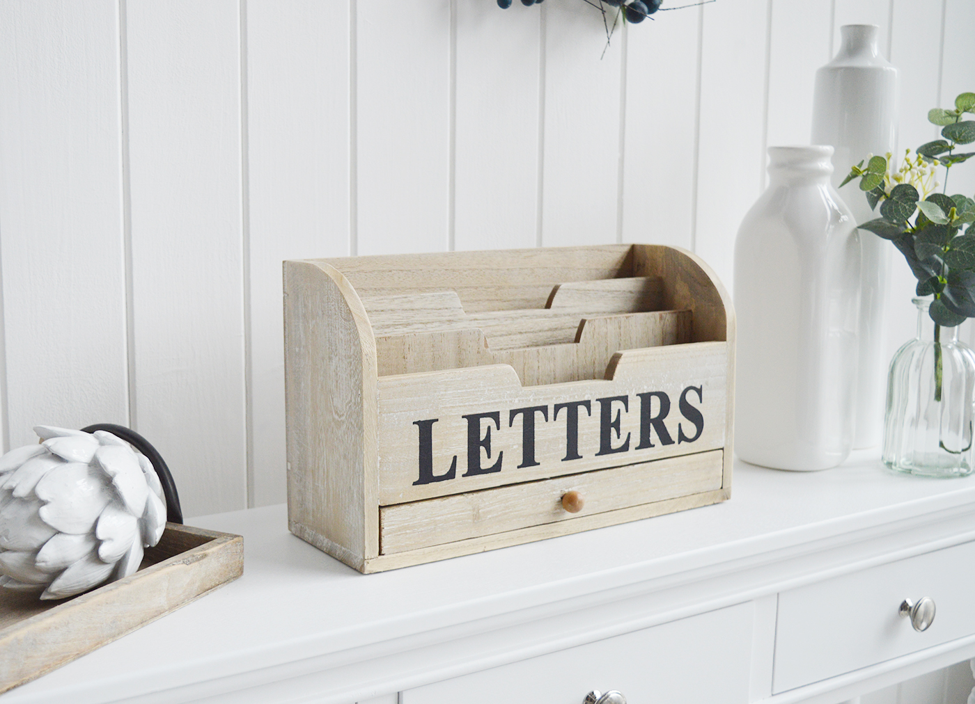 New England Home Interiors Coastal and Country   Furniture and accessories for the home. A  washed wood letter rack from The White Lighthouse