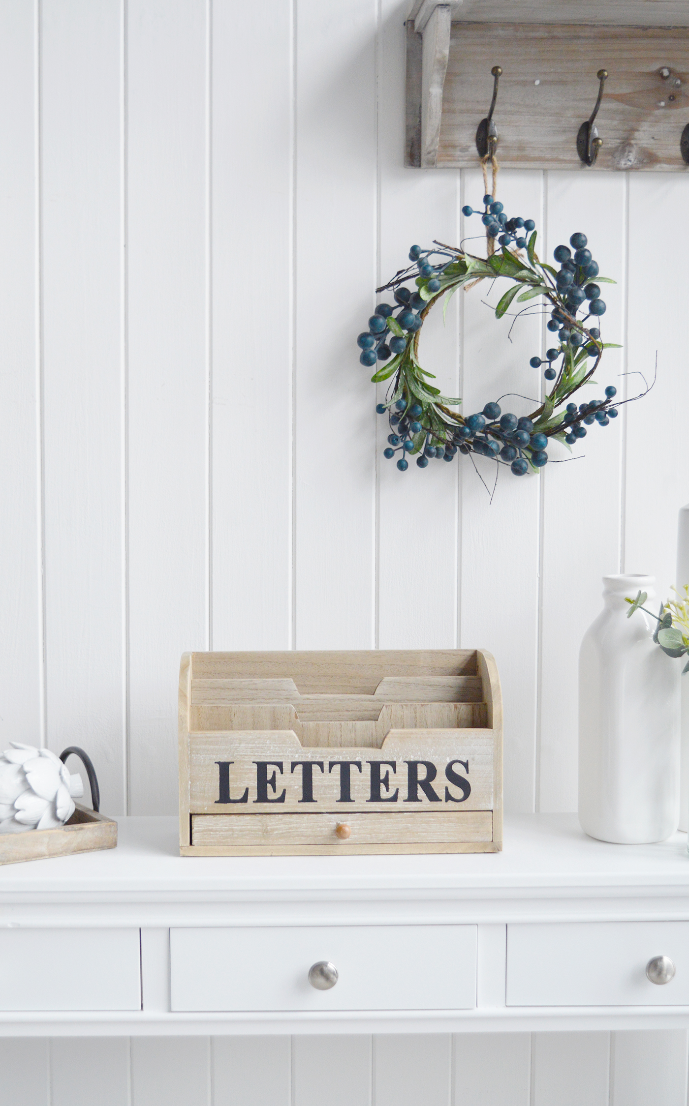 New England Home Interiors Coastal and Country   Furniture and accessories for the home. A  washed wood letter rack from The White Lighthouse