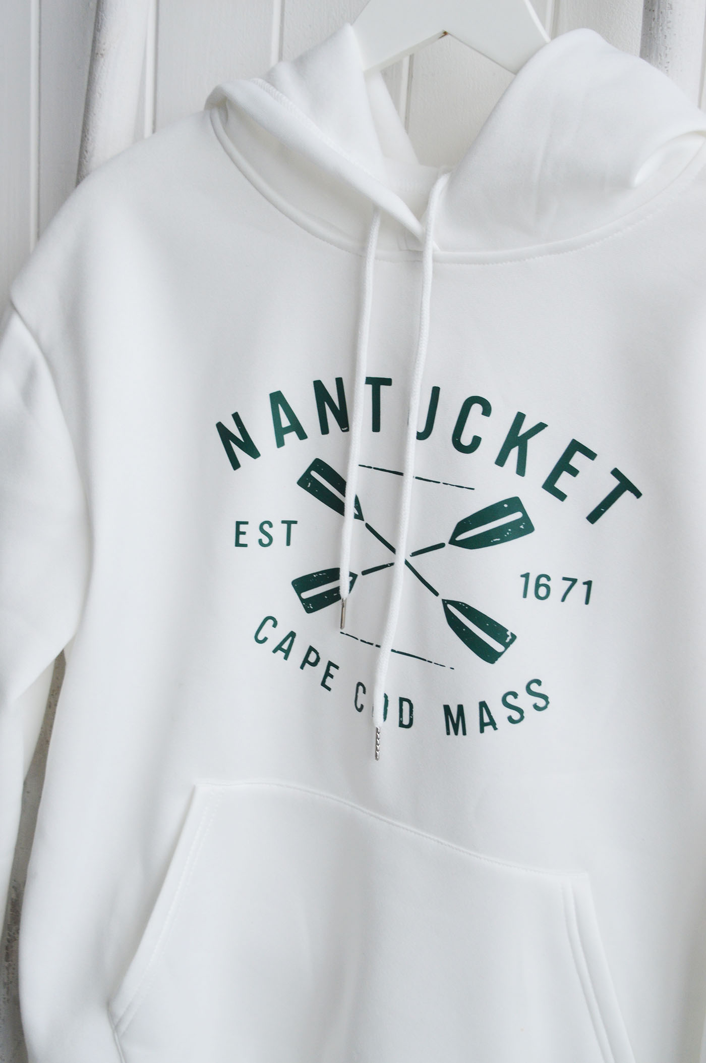 Soft white hoodie inspired by New England style and relaxed coastal lifestyle living.