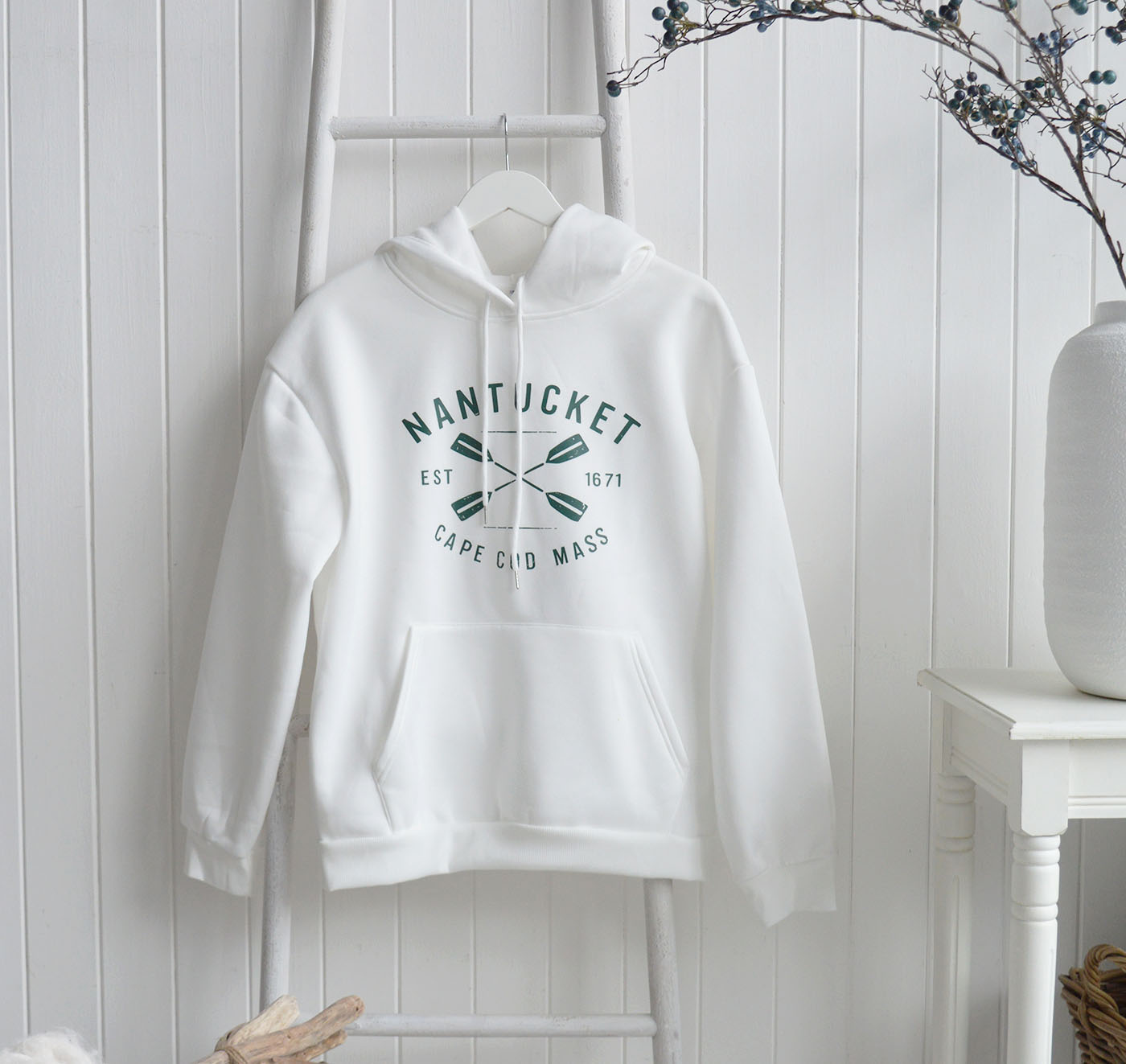 Soft white hoodie inspired by New England style and relaxed coastal lifestyle living.