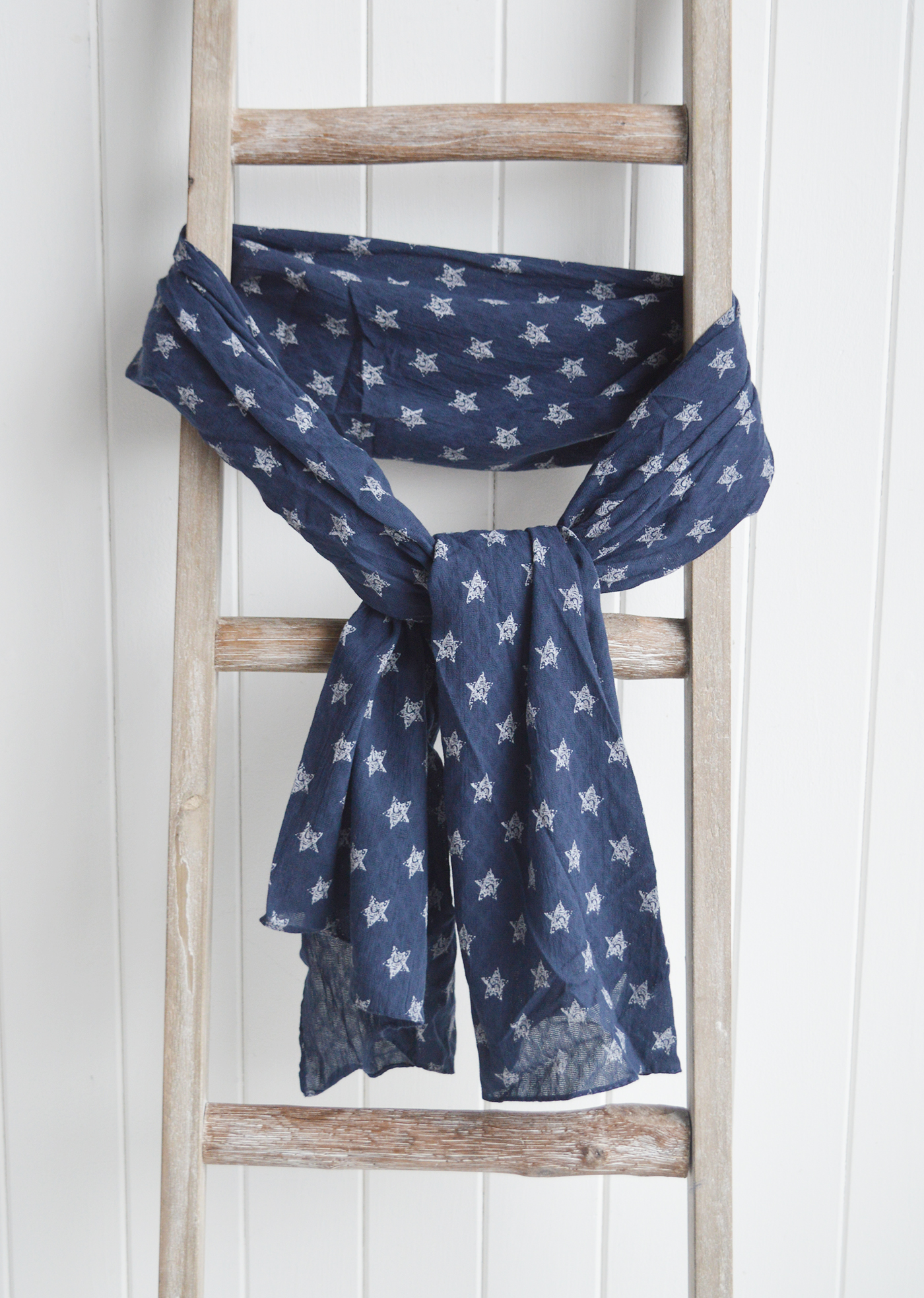 Navy Star Scarf The White Lighthouse. New England, White, Country and Nautical Coastal White Furniture, lifestyle and accessories for home interiors. White Star Scarf. Hallway, Living Room, Bedroom, Bathroom Furniture and Home Decor Interiors as well as Lifestyle range of bags, scarves, umbrellas and jewellery