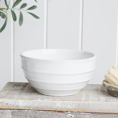 Madison ribbed white Ceramic bowl from The White Lighthouse coastal, farmhouse New England and country furniture and home decor accessories UK for shelf, console and coffee table styling
