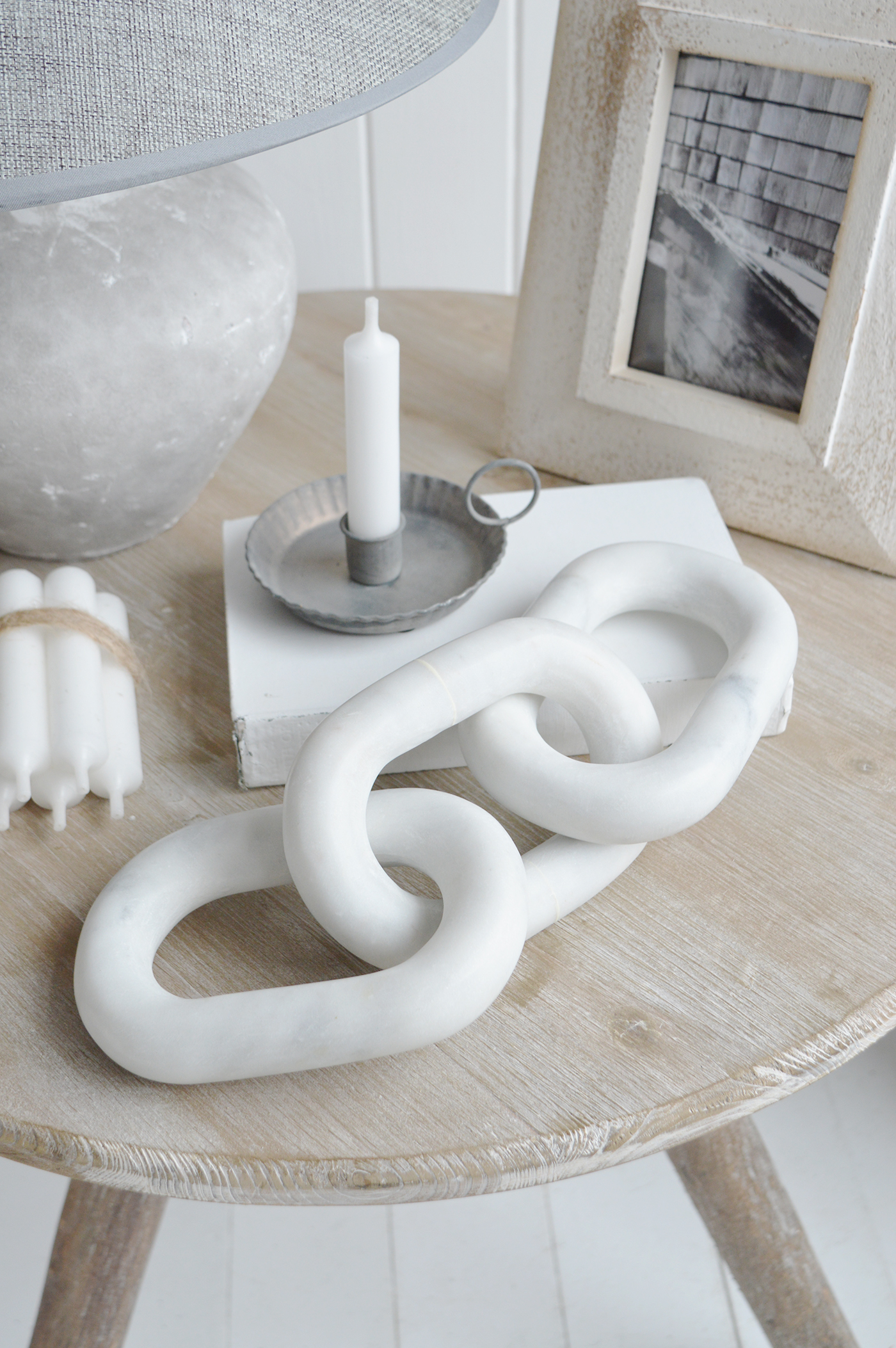 White Marble chain for styling console table sin Hamptons and coastal homes