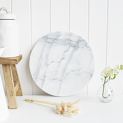 Grey & White marble Round Tray Chopping Board- New England style White Home Accessories for country, coastal and city homes and interiors