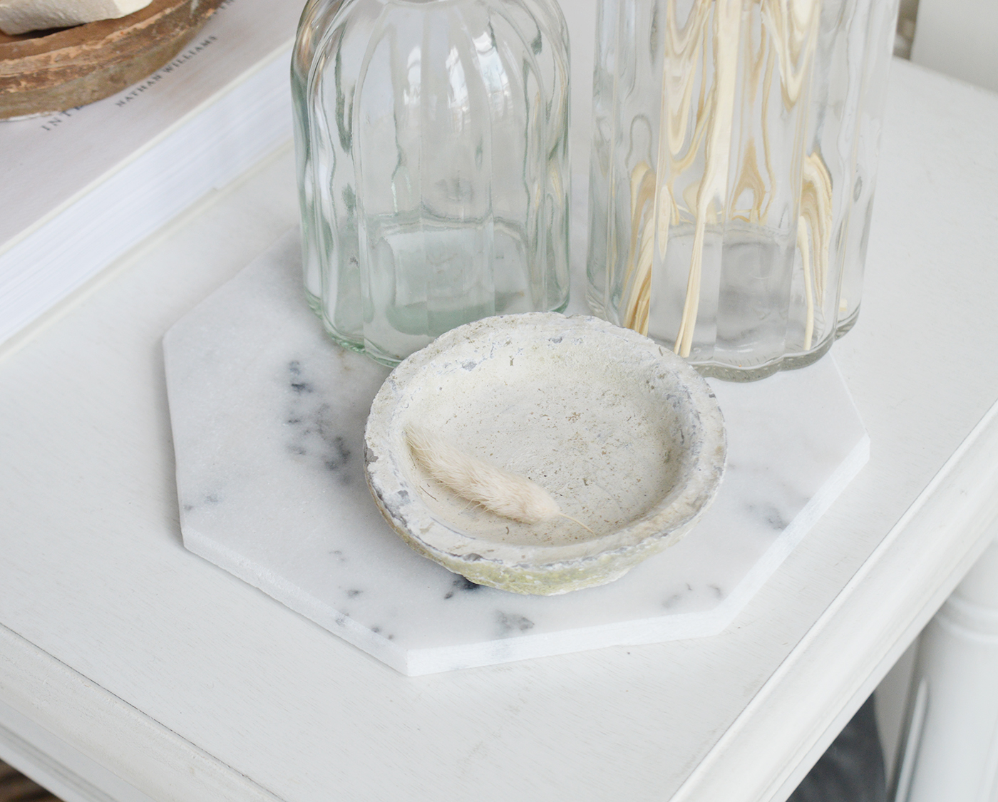 A white marble tray from The White Lighthouse furniture and accessories. New England style interiors for coastal, country, city and farmhouse styled homes