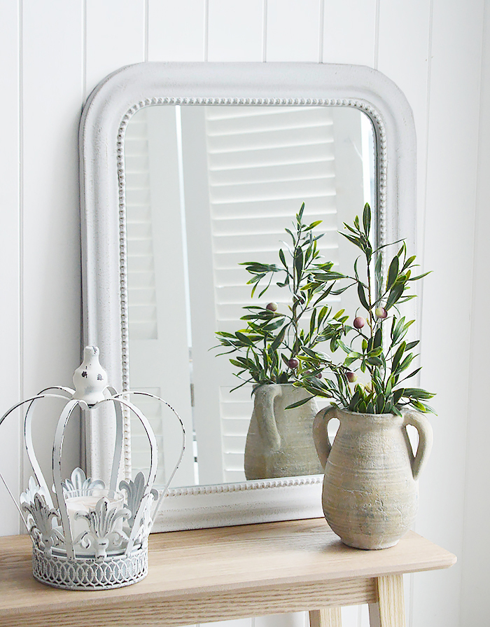 Bethel white wall mirror for New England country, coastal and white home interiors