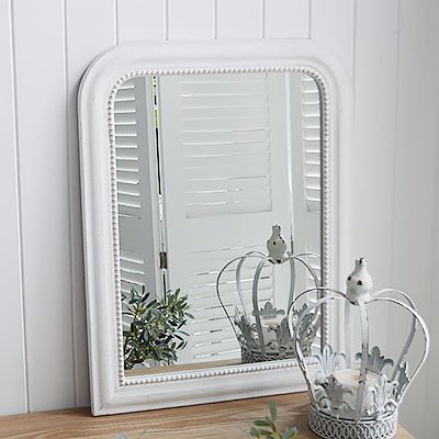 Bethel antique white wall mirror for New England country, coastal and white home interiors