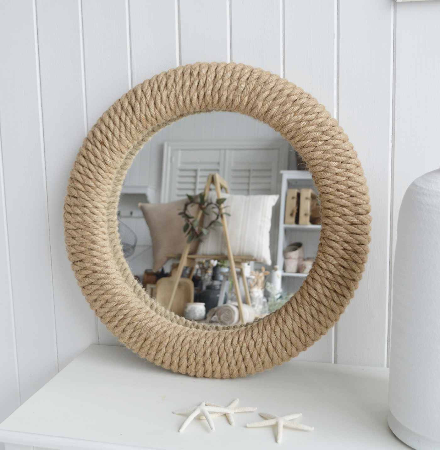 Create a bright and welcoming home with the Boothbay Rope Mirror, beautifully crafted with a natural rope frame that complements neutral coastal décor and beach house interiors.