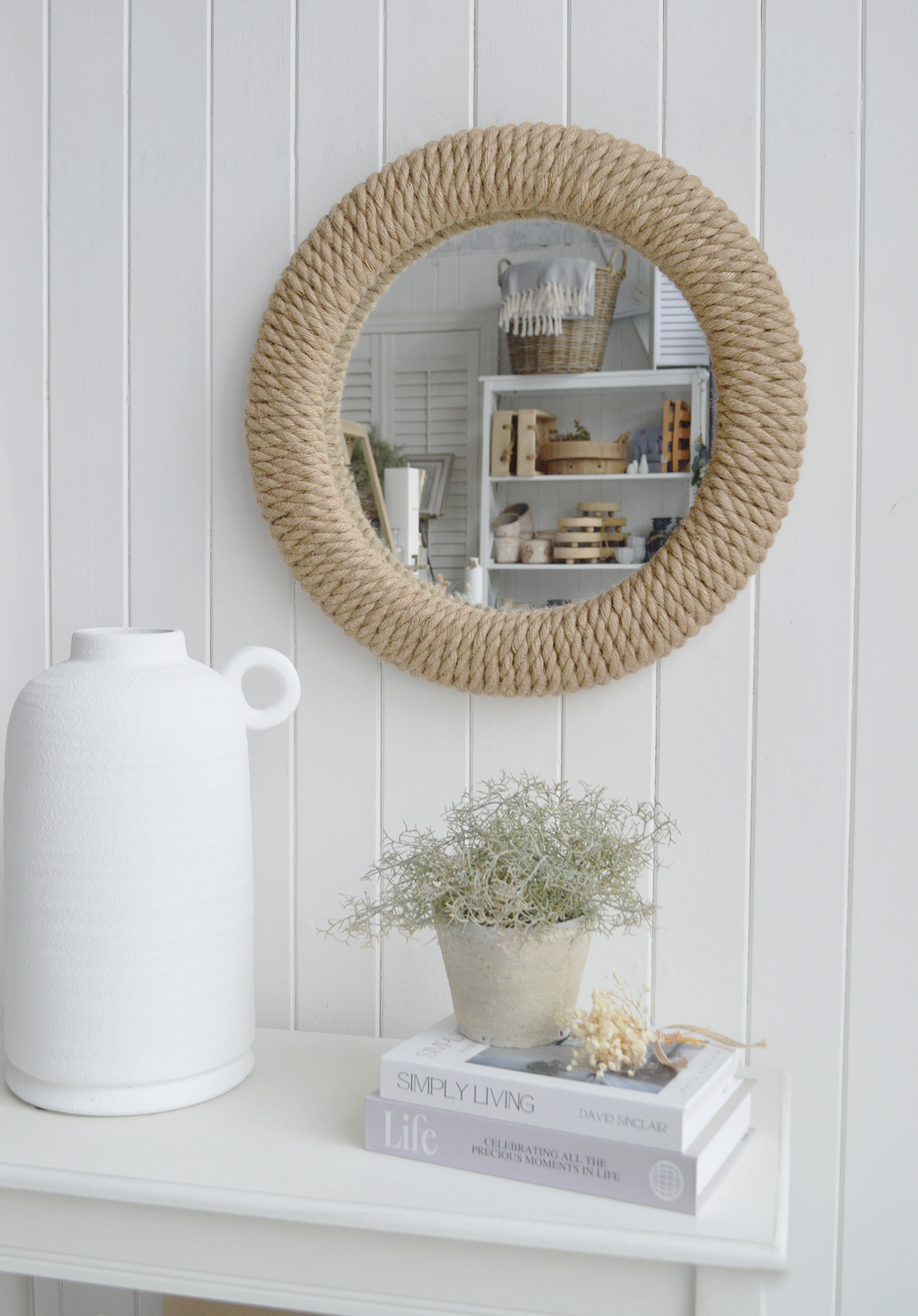 The Boothbay Rope Mirror is the perfect coastal wall mirror for adding natural texture and timeless style to New England, Hamptons and modern coastal interiors.