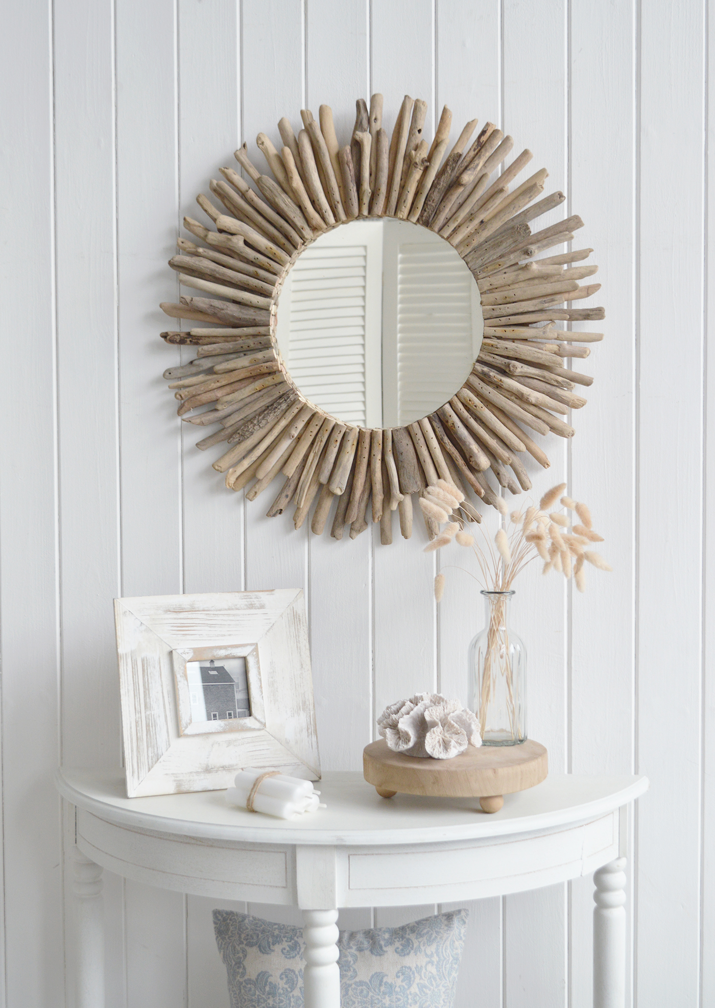 Coastal mirror crafted from driftwood pieces to complement our Beach house style New England furniture