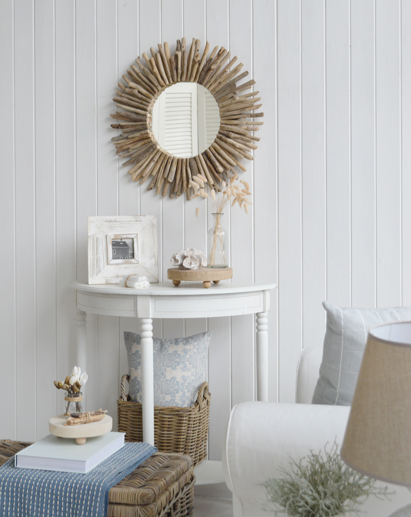 Coastal mirror crafted from driftwood pieces to complement our Beach house style New England furniture