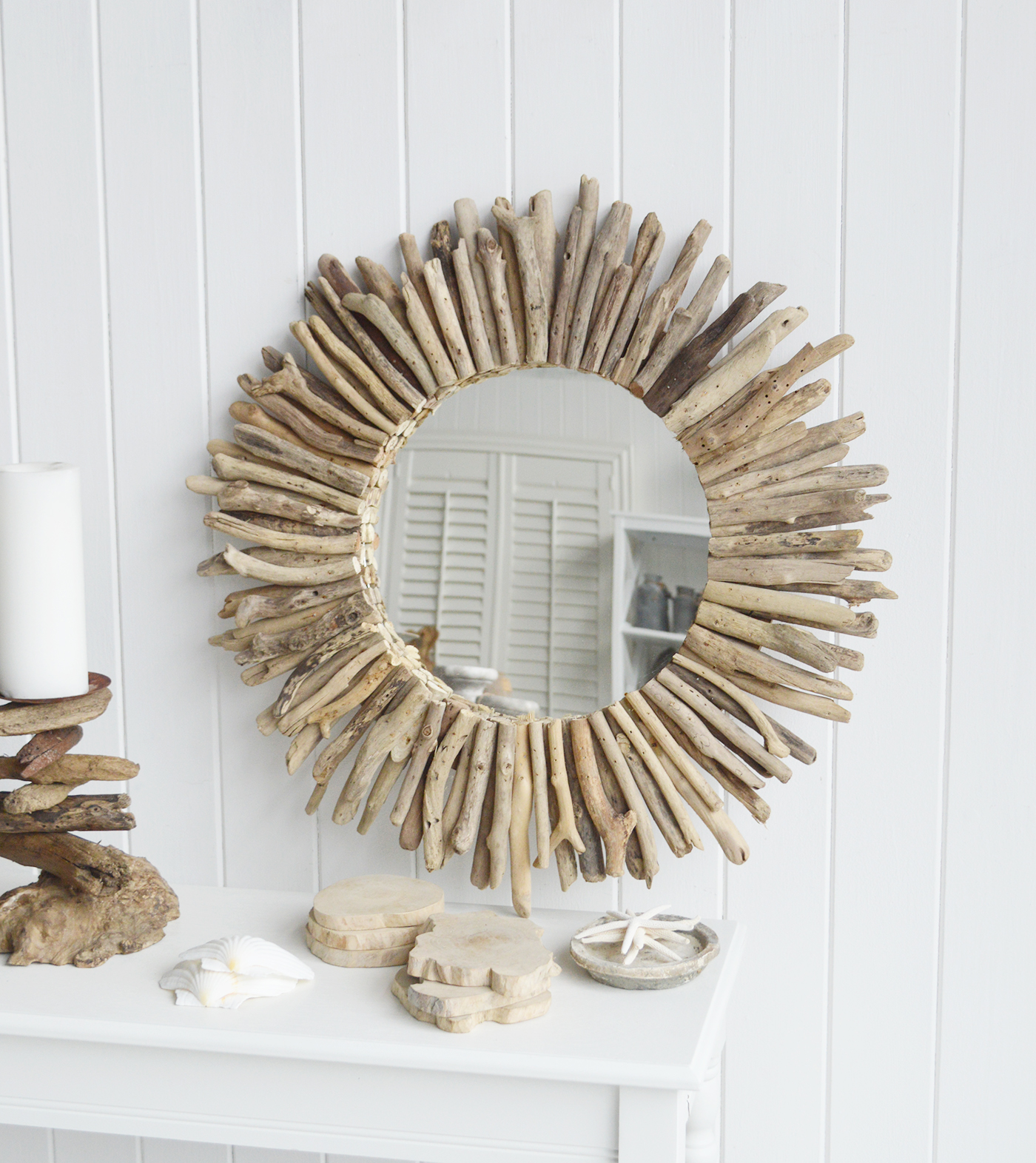 Driftwood round wall mirror for New England country, coastal and white home interiors and furniture.
