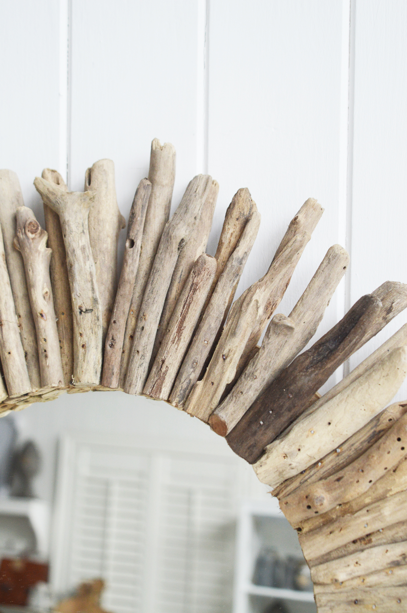 Coastal mirror crafted from driftwood pieces to complement our Beach house style New England furniture