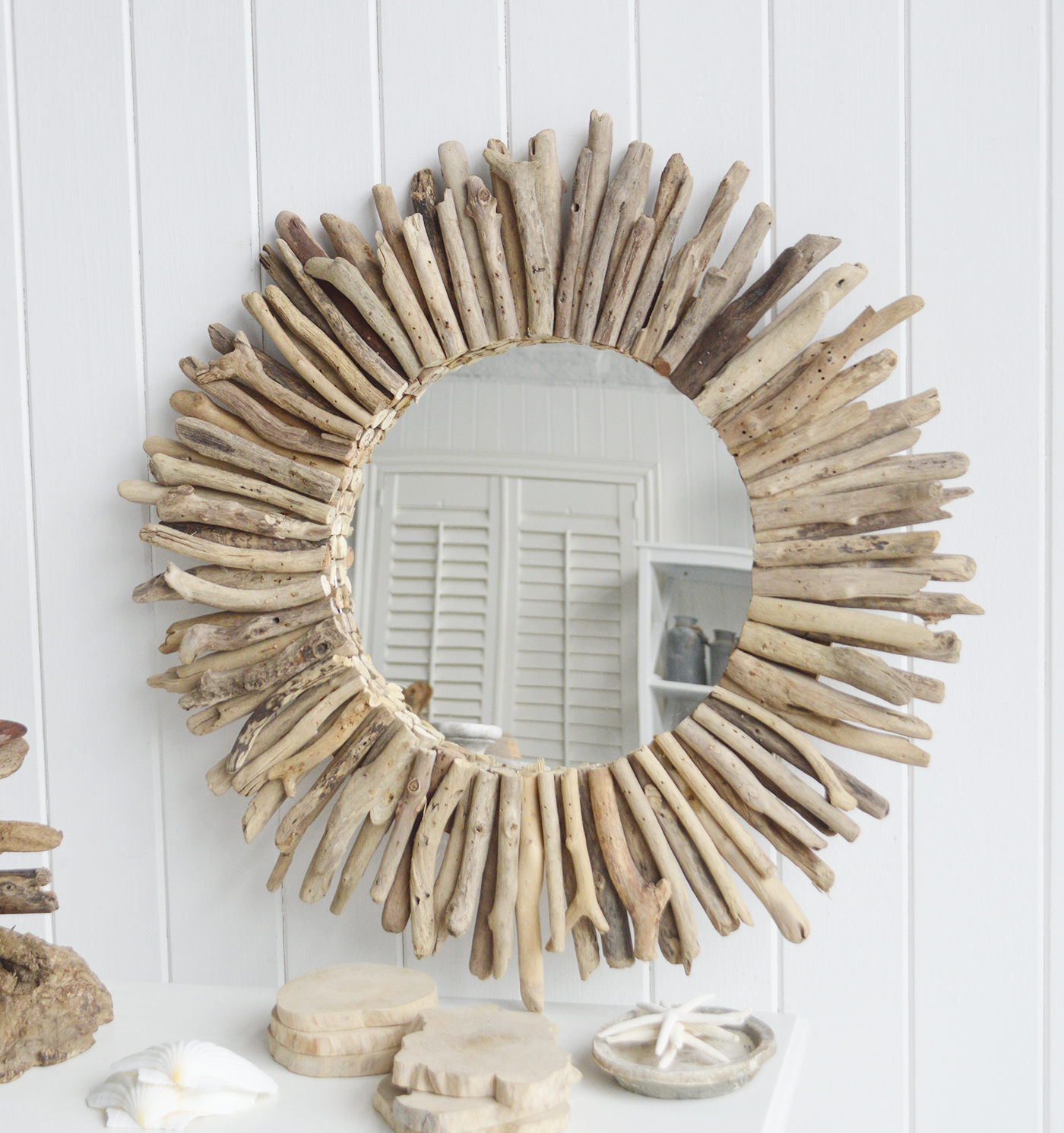 Driftwood round wall mirror for New England country, coastal and white home interiors and furniture