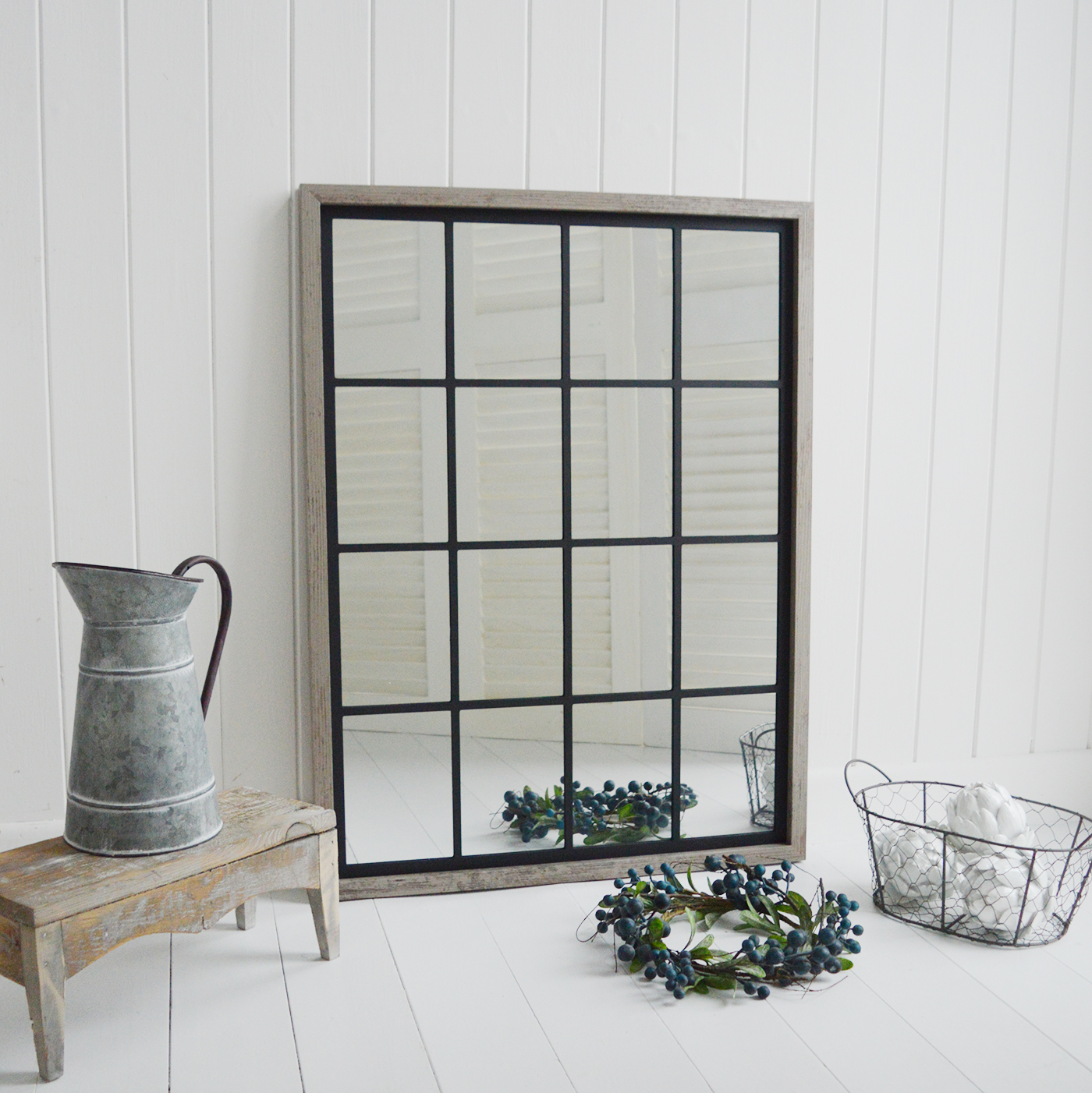 Halifax Grey window mirror  for New England country, coastal and white home interiors. New England Furniture and Interiors