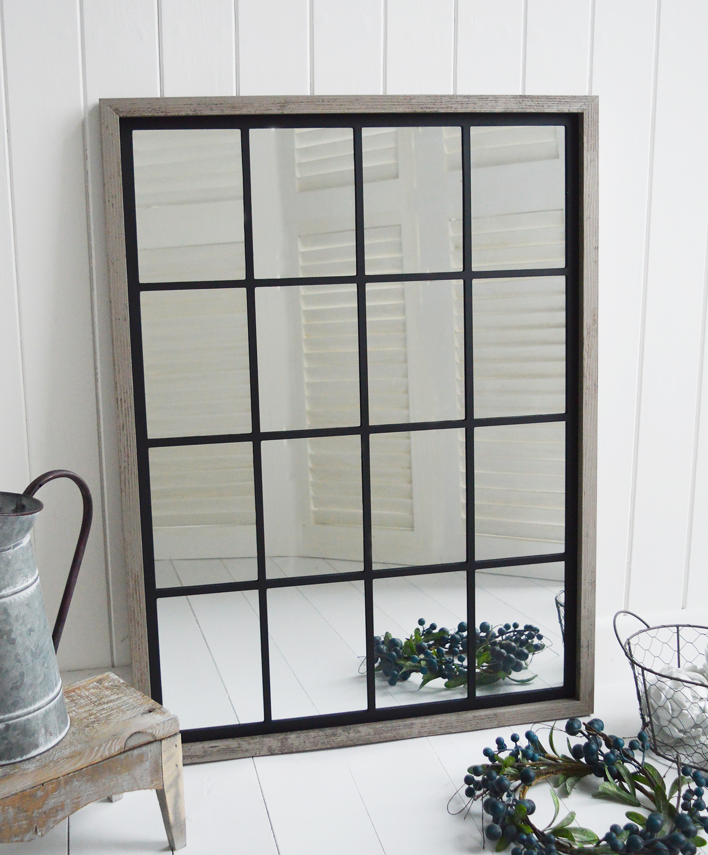 Halifax Grey window mirror  for New England country, coastal and white home interiors. New England Furniture and Interiors