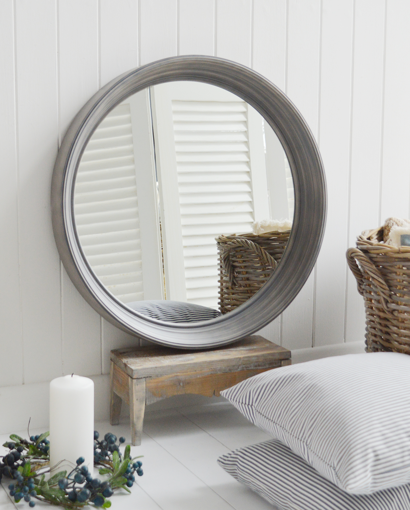 Hudson Grey Round large mirror for New England country, coastal and white home interiors. New England Furniture and Interiors
